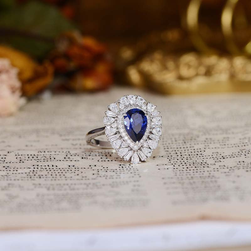 Laboratory Royal Blue cultivates sapphire droplet shaped 6 * 9mm high-end jewelry ring, cultivates sapphire 1.5ct,