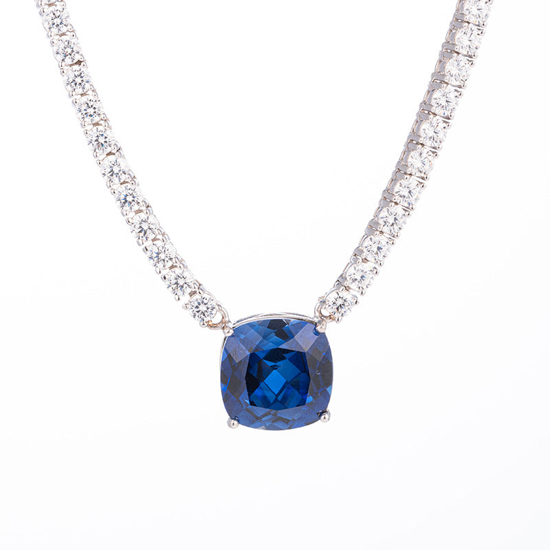 New luxury jewelry large set chain 12mm cultivated sapphire pillow shaped moissanite necklace for women's luxury banquet necklace, made of pure silver plated with 18k gold material