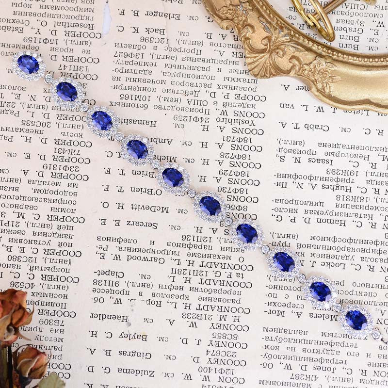 New retro royal blue cultivated sapphire bracelet S925 silver plated 18k gold egg shaped inlaid bracelet