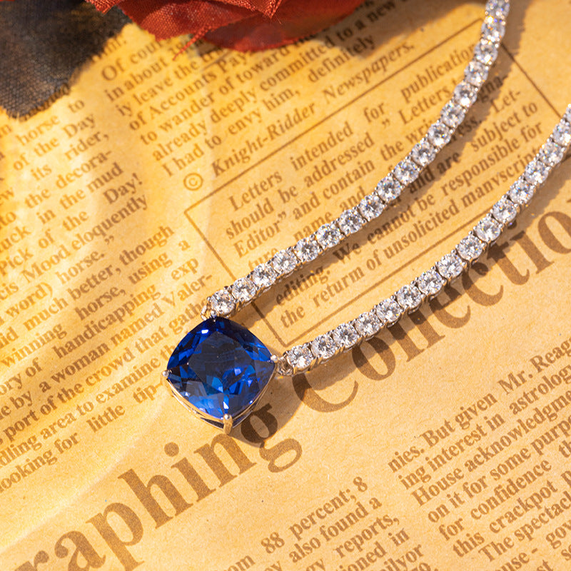 New luxury jewelry large set chain 12mm cultivated sapphire pillow shaped moissanite necklace for women's luxury banquet necklace, made of pure silver plated with 18k gold material