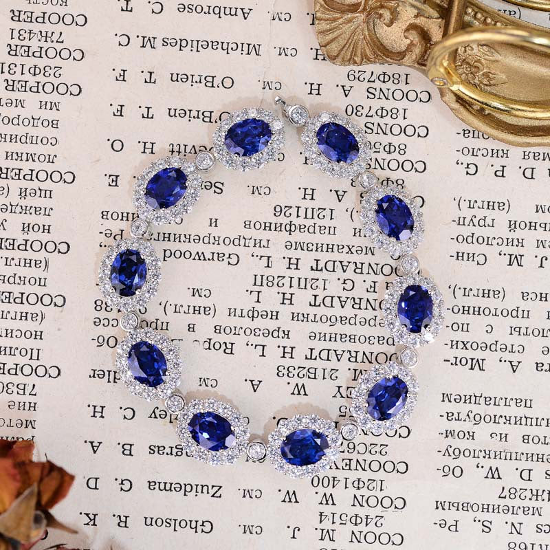 New retro royal blue cultivated sapphire bracelet S925 silver plated 18k gold egg shaped inlaid bracelet