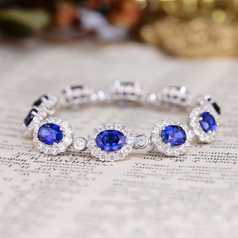 New retro royal blue cultivated sapphire bracelet S925 silver plated 18k gold egg shaped inlaid bracelet