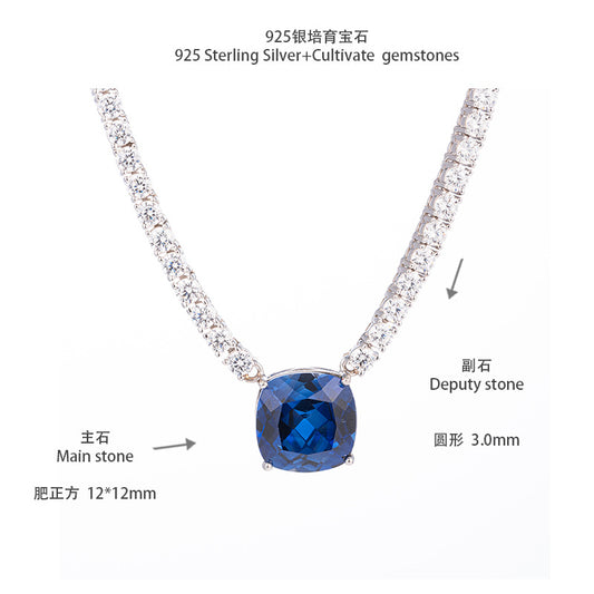 New luxury jewelry large set chain 12mm cultivated sapphire pillow shaped moissanite necklace for women's luxury banquet necklace, made of pure silver plated with 18k gold material