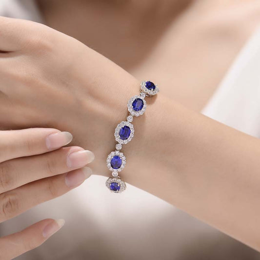 New retro royal blue cultivated sapphire bracelet S925 silver plated 18k gold egg shaped inlaid bracelet