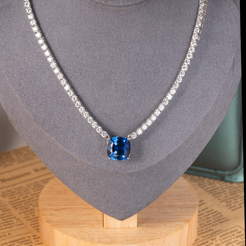 New luxury jewelry large set chain 12mm cultivated sapphire pillow shaped moissanite necklace for women's luxury banquet necklace, made of pure silver plated with 18k gold material