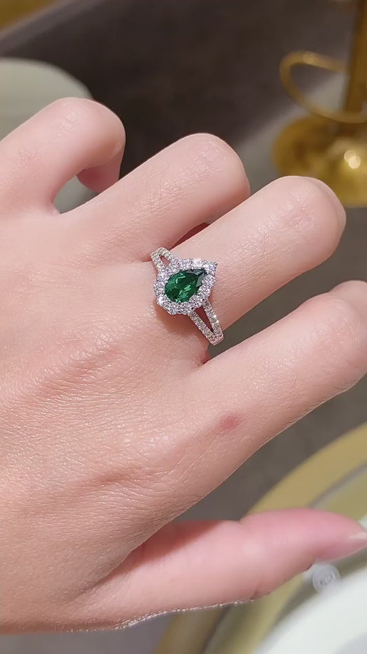 1 carat water droplet shaped cultivated emerald ring, high-end jewelry ring